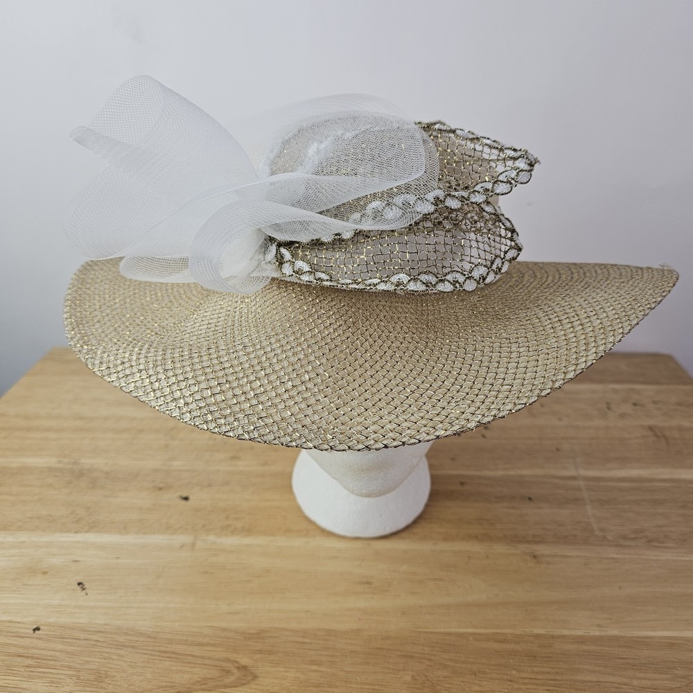 Juan Ell Womens Wide Brim Vintage Straw Floral Mesh Wide Band Easter Church
